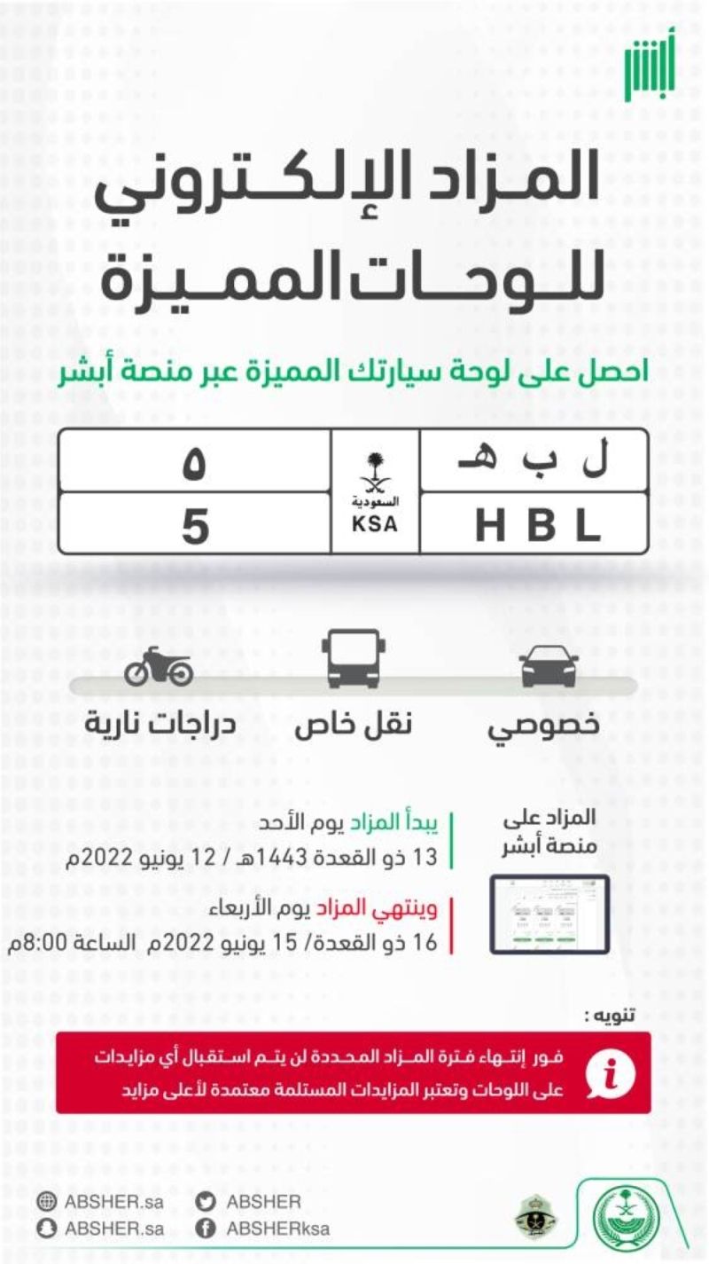 السعودية: تعرف على أبرز اللوحات المميزة المعروضة في مزاد أبشر الإلكتروني.. وأعلى سعر مطروح
