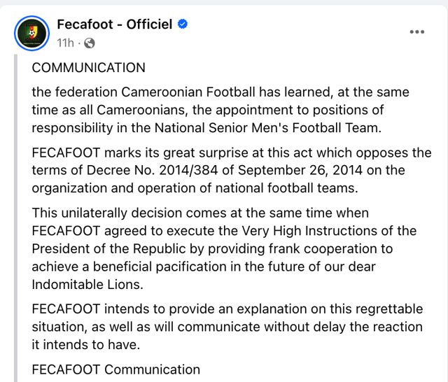 الاتحاد الكاميروني: تعيين بريس مدربا للمنتخب تم من دون علمنا
