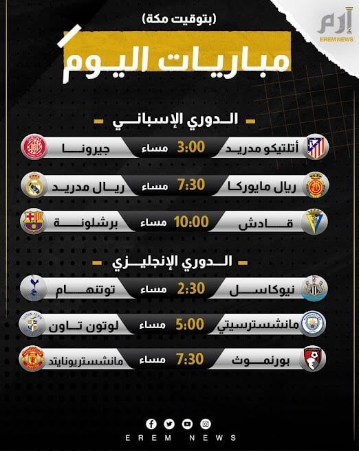 مواعيد مباريات اليوم والقنوات الناقلة