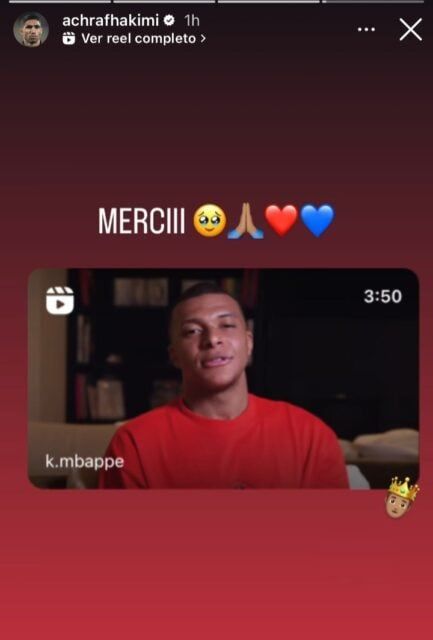 تعليق مؤثر من حكيمي بعد إعلان رحيل مبابي (صورة)