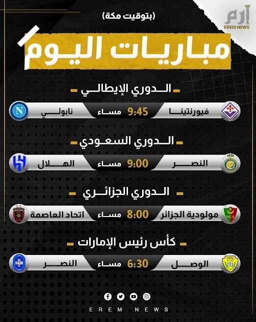 مواعيد مباريات اليوم والقنوات الناقلة