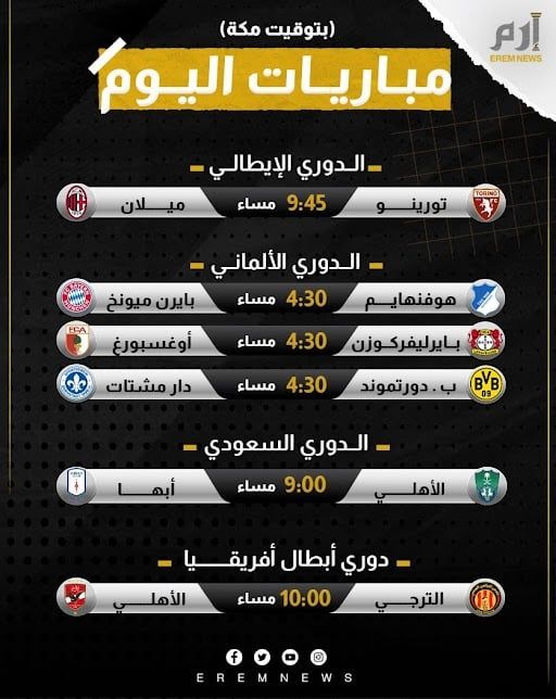 مواعيد مباريات اليوم والقنوات الناقلة