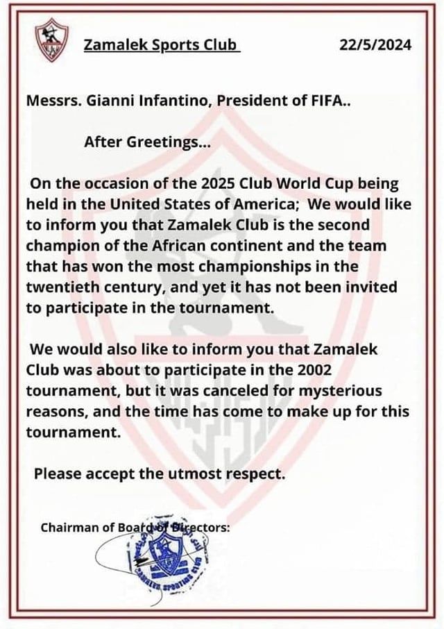 حقيقة خطاب الزمالك إلى الفيفا للمشاركة بكأس العالم للأندية (صورة)