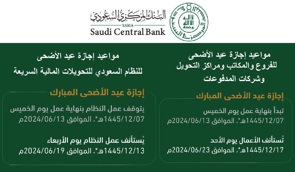 موعد نهاية إجازة عيد الأضحى للموظفين 1445 ومتى عودة البنوك السعودية