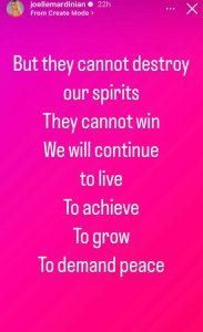 “ما نشهده يوميًا يدمر قلوبنا”… جويل مردينيان: لن نتوقف عن المطالبة بتحقيق السلام