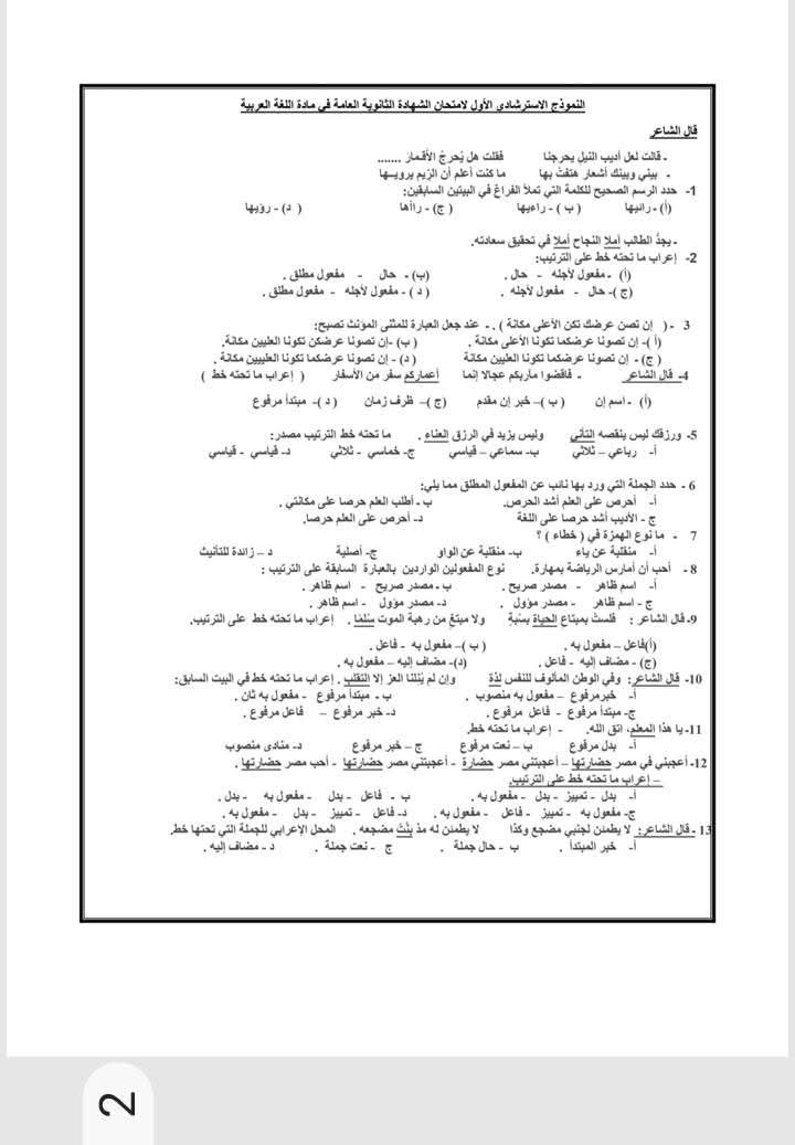 نموذج اللغة العربية للثانوية العامة 2025 الاسترشادى للحصول على الدرجة النهائية - الخليج الان