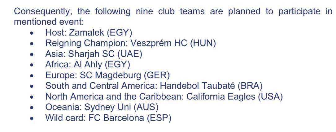 الاتحاد الدولي لليد يحدد موعد بطولة العالم للأندية التي تستضيفها مصر ويعلن الفرق المشاركة - الخليج الان