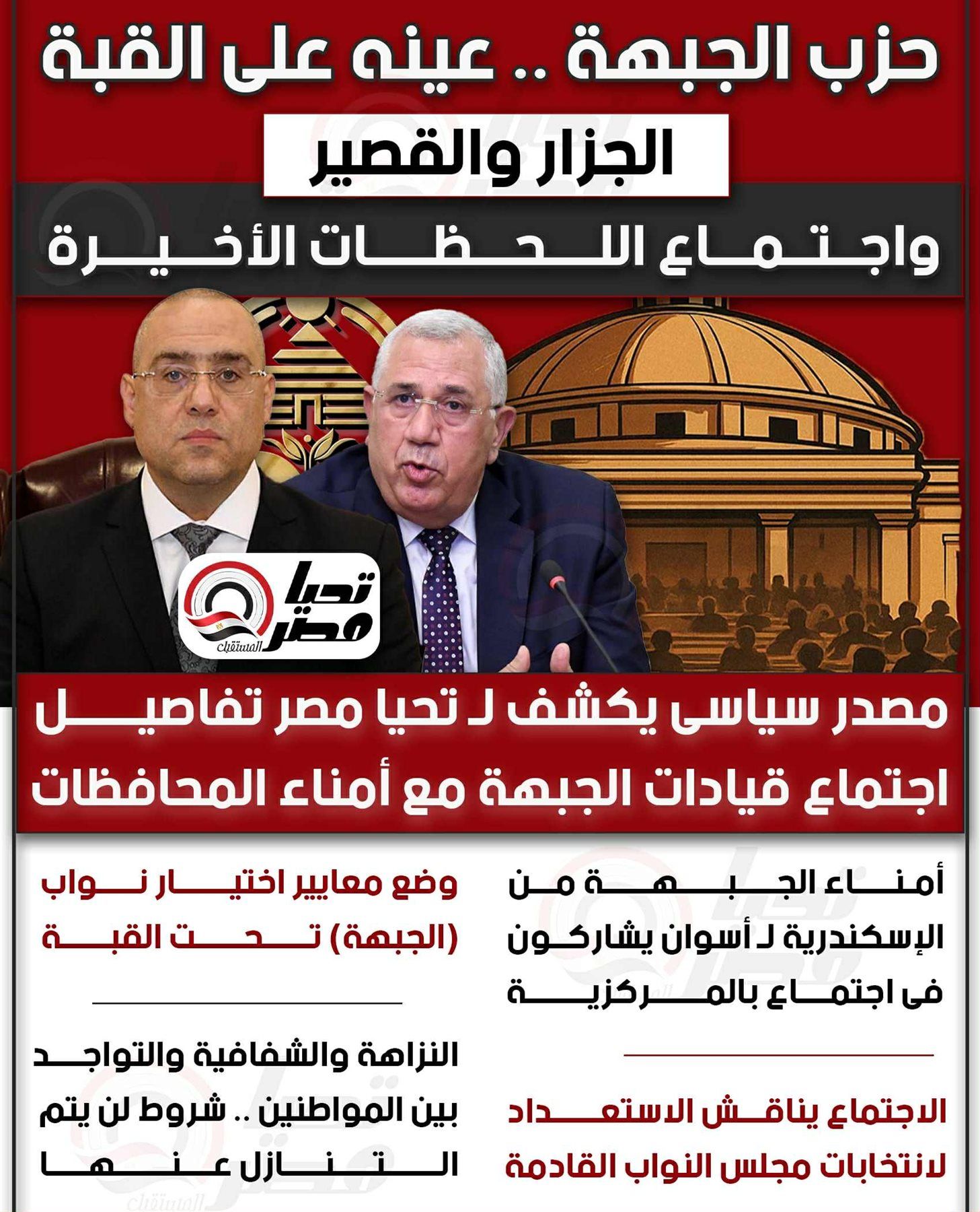 مصادر لـ تليجراف الخليج: اجتماع مرتقب لقيادات «حزب الجبهة» مع أمناء المحافظات لمراجعة أداءه في الشيوخ والاستعداد للنواب - الخليج الان