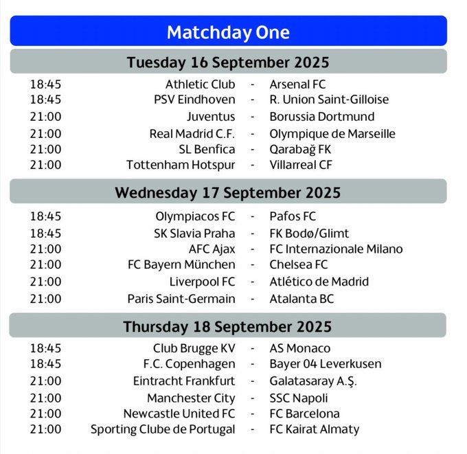 دوري أبطال أوروبا "مرحلة الدوري": جدول مباريات الجولة الأولى ومواعيد المواجهات - الخليج الان