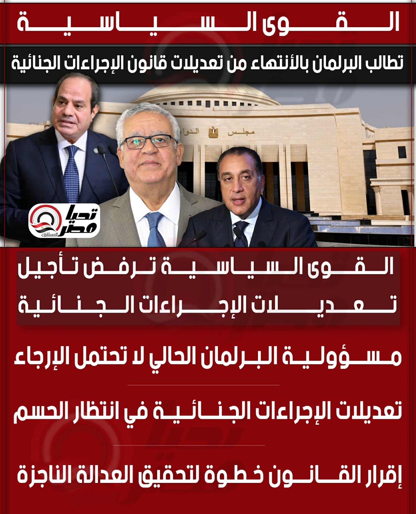 تليجراف الخليج يتابع مستجدات «الإجراءات الجنائية».. ترقب لالتزام البرلمان بالانعقاد وإنهاء المناقشات دون تأجيل - الخليج الان