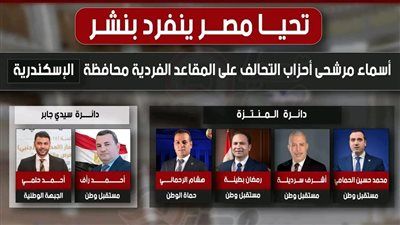 ننشر جميع أسماء مرشحي تحالف الأحزاب الوطنية لمقاعد الفردى بمحافظة الإسكندرية - الخليج الان