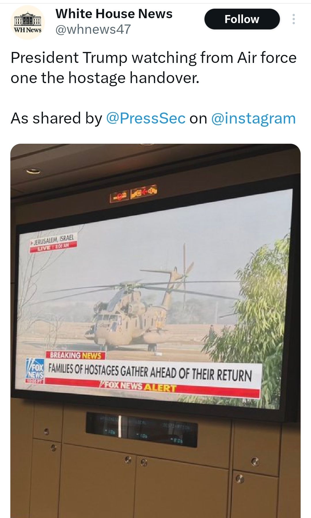 «من طائرة الرئاسة».. ترامب يشاهد لحظة إفراج حماس عن الرهائن الإسرائيليين في غزة - الخليج الان
