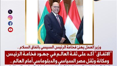 وزير العمل يهنئ الرئيس السيسي على اتفاق السلام التاريخي في شرم الشيخ - الخليج الان