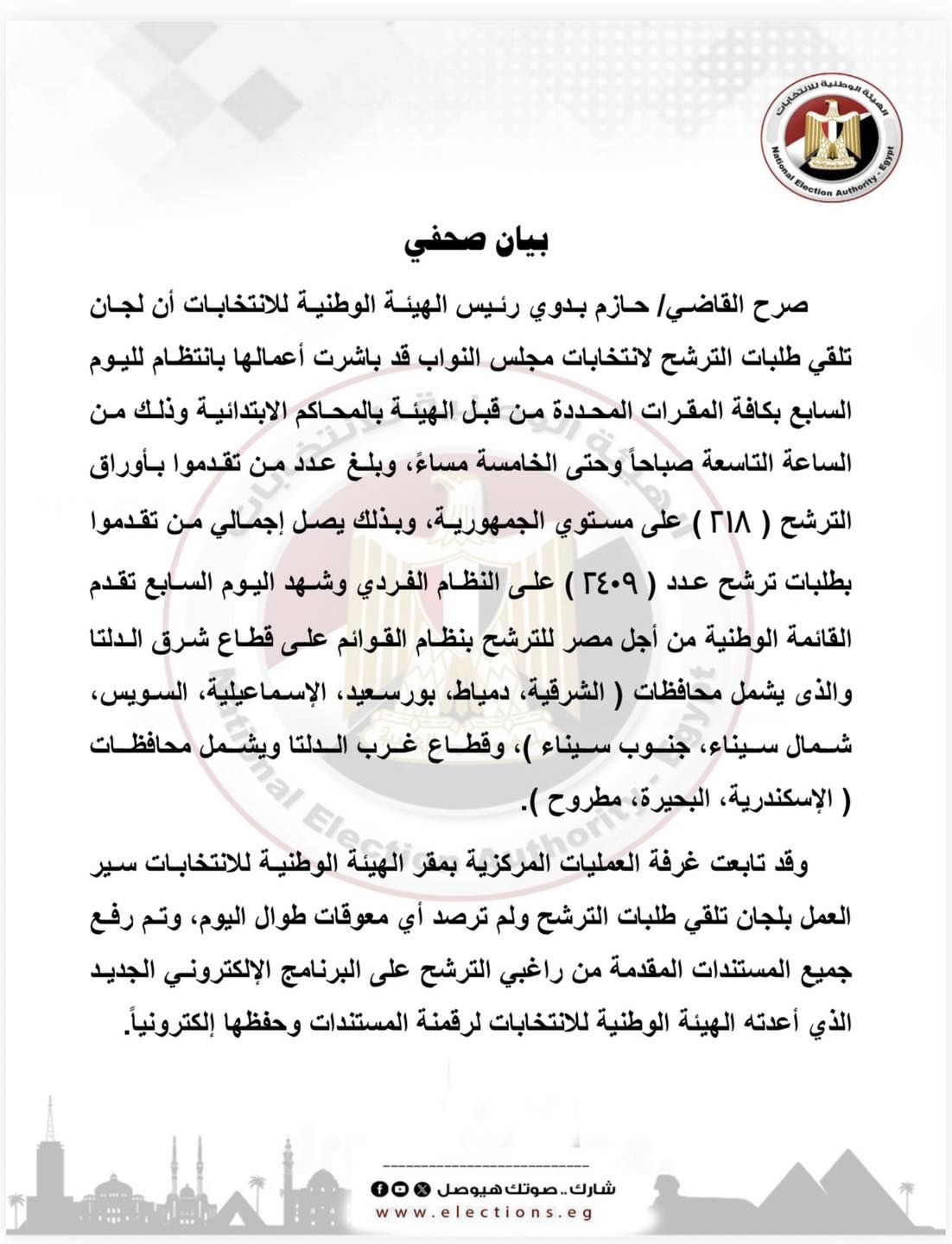 الهيئة الوطينة للانتخابات: القائمة الوطنية من أجل مصر تقدمت بأوراق مُرشحيها في شرق وغرب الدلتا فقط حتى الآن - الخليج الان