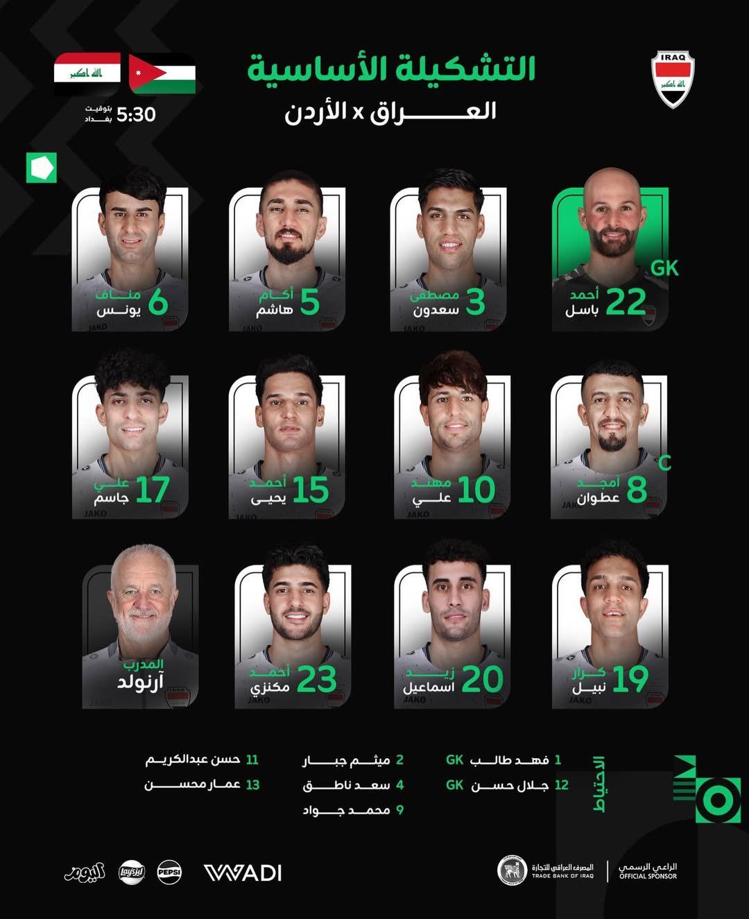 التشكيل الرسمي لمباراة منتخب العراق والأردن في ربع نهائي كأس العرب 2025 - الخليج الان