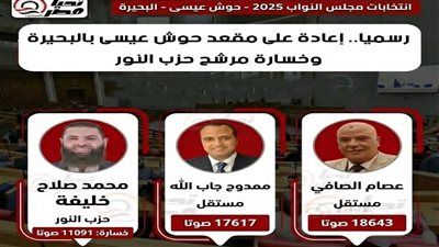 رسميا.. إعادة على مقعد حوش عيسى بالبحيرة وخسارة مرشح حزب النور - الخليج الان