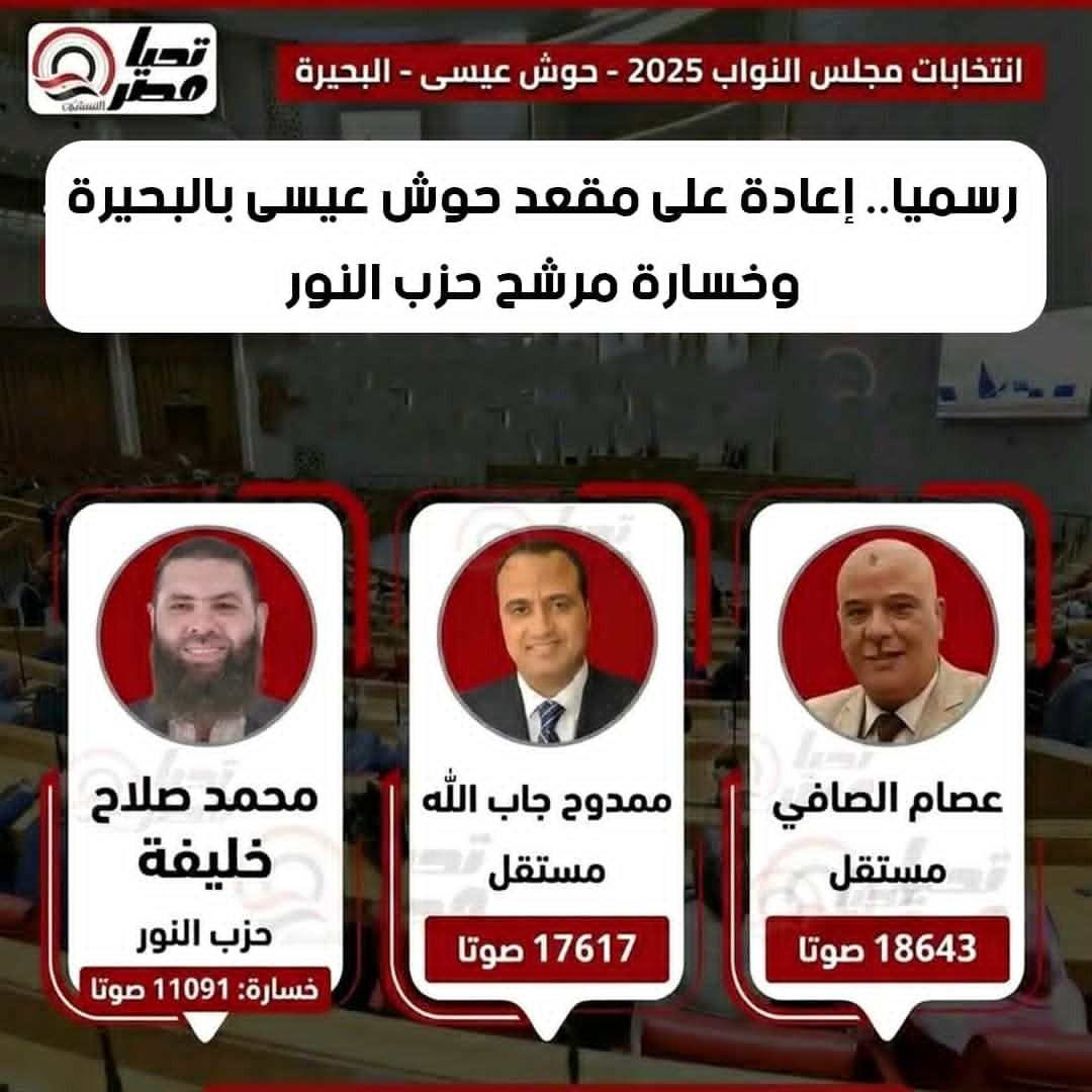 رسميا.. إعادة على مقعد حوش عيسى بالبحيرة وخسارة مرشح حزب النور - الخليج الان