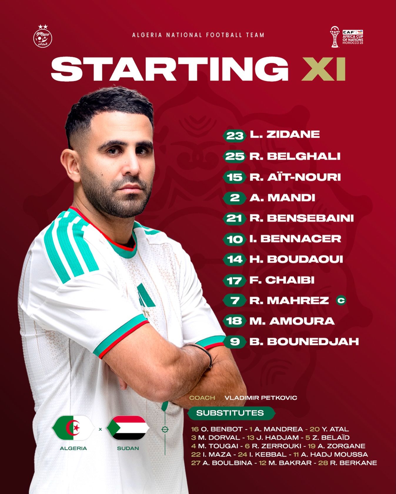 محرز يقود تشكيل الجزائر الرسمي لمواجهة السودان في كأس الأمم الإفريقية - الخليج الان