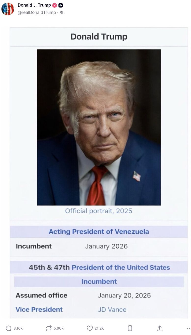 ترامب يلفت أنظار العالم من جديد وينصب نفسه رئيسا لفنزويلا.. ما القصة؟ - الخليج الان