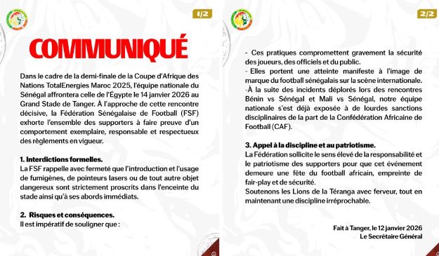 قبل مواجهة مصر: الاتحاد السنغالي يصدر بيان تحذيري هام لجماهيره بسبب الليزر والشماريخ والخروج عن النص  - الخليج الان