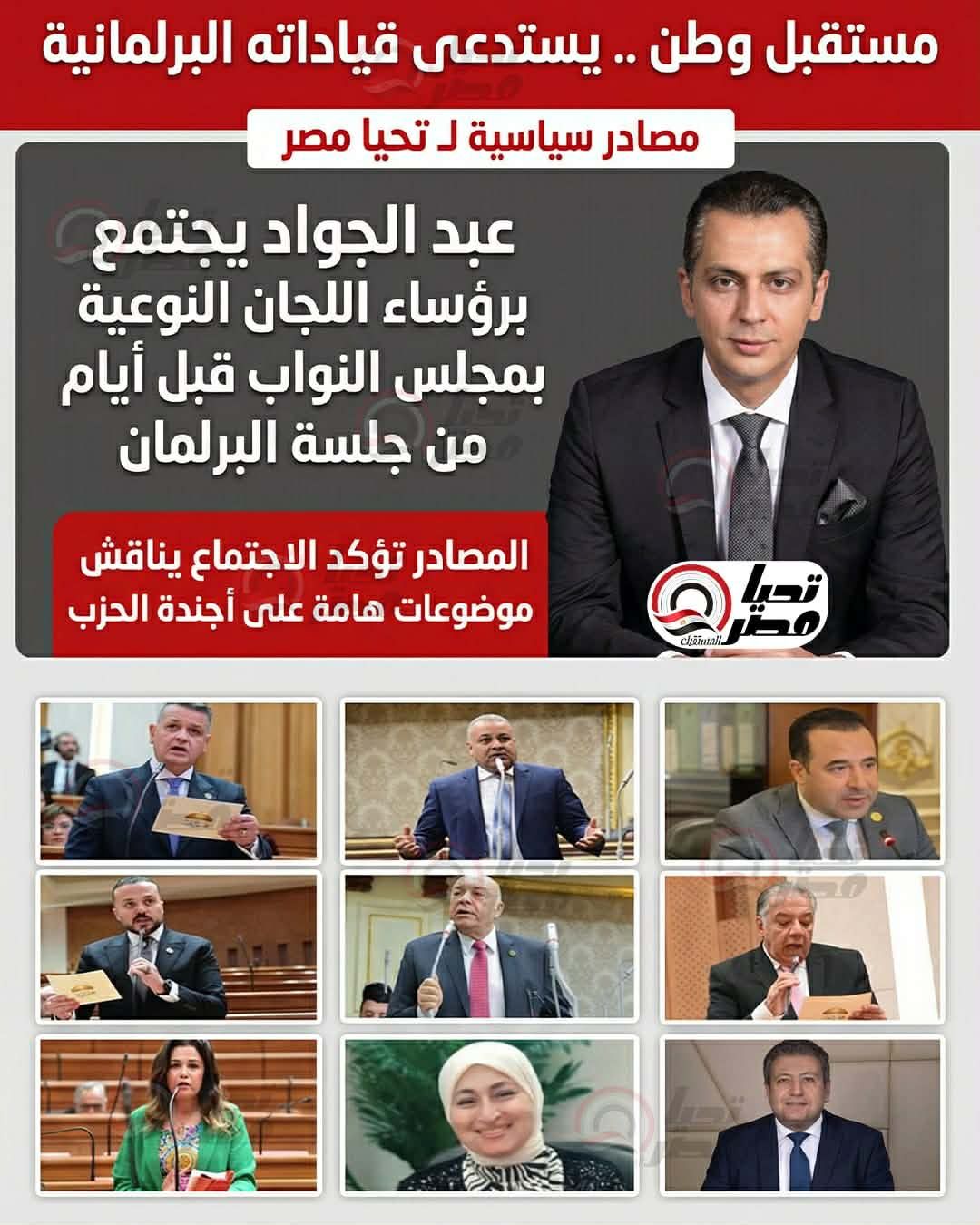 مستقبل وطن يستدعى قياداته البرلمانية..مصادر سياسية لـ تليجراف الخليج: عبد الجواد يجتمع برؤساء اللجان النوعية بمجلس النواب قبل أيام من جلسة البرلمان - الخليج الان