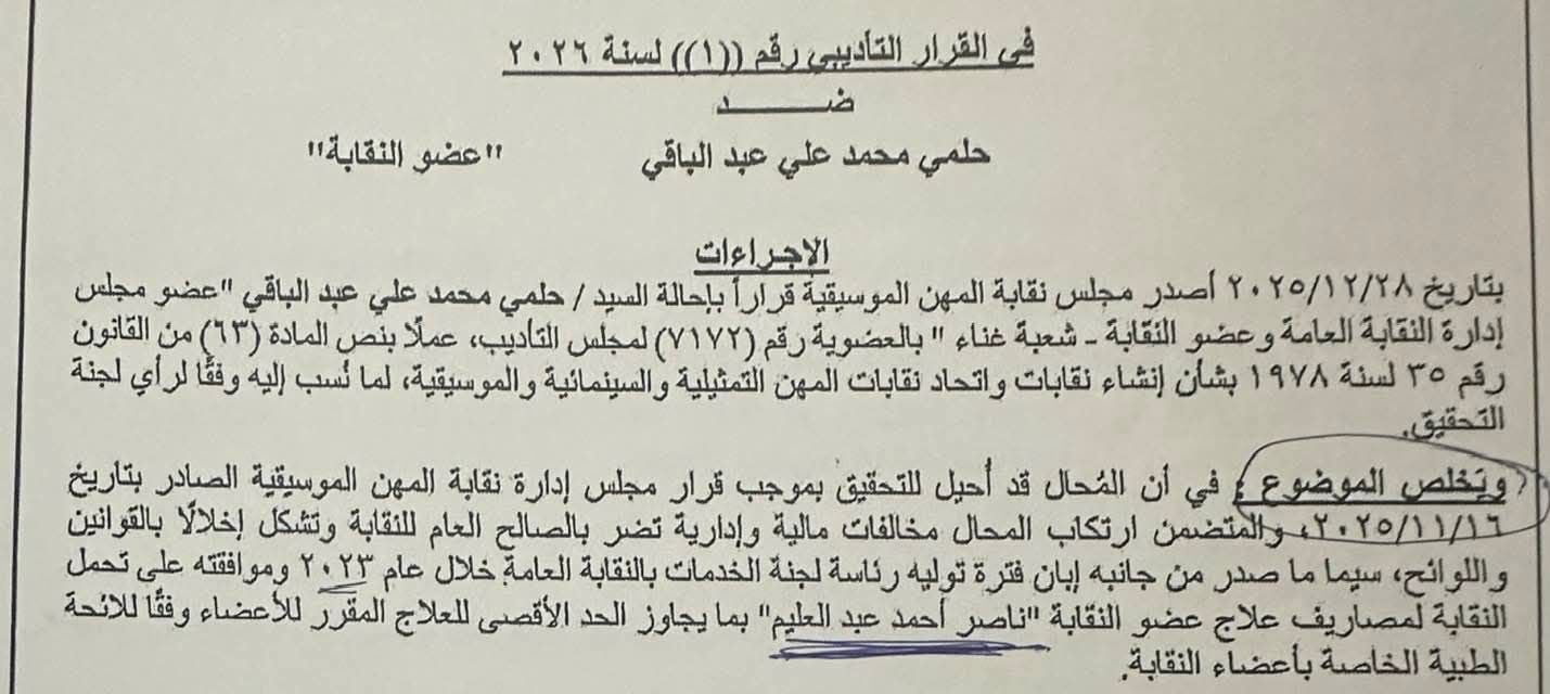 حلمي عبد الباقي يكشف قرار إحالته إلى مجلس التأديب: النية كانت مبيتة لشطبي من نقابة المهن الموسيقية| مستند - الخليج الان