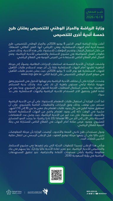 وزارة الرياضة السعودية تطرح 5 أندية جديدة للتخصيص وتفتح باب استقبال طلبات المستثمرين حتى 7 يوليو - الخليج الان