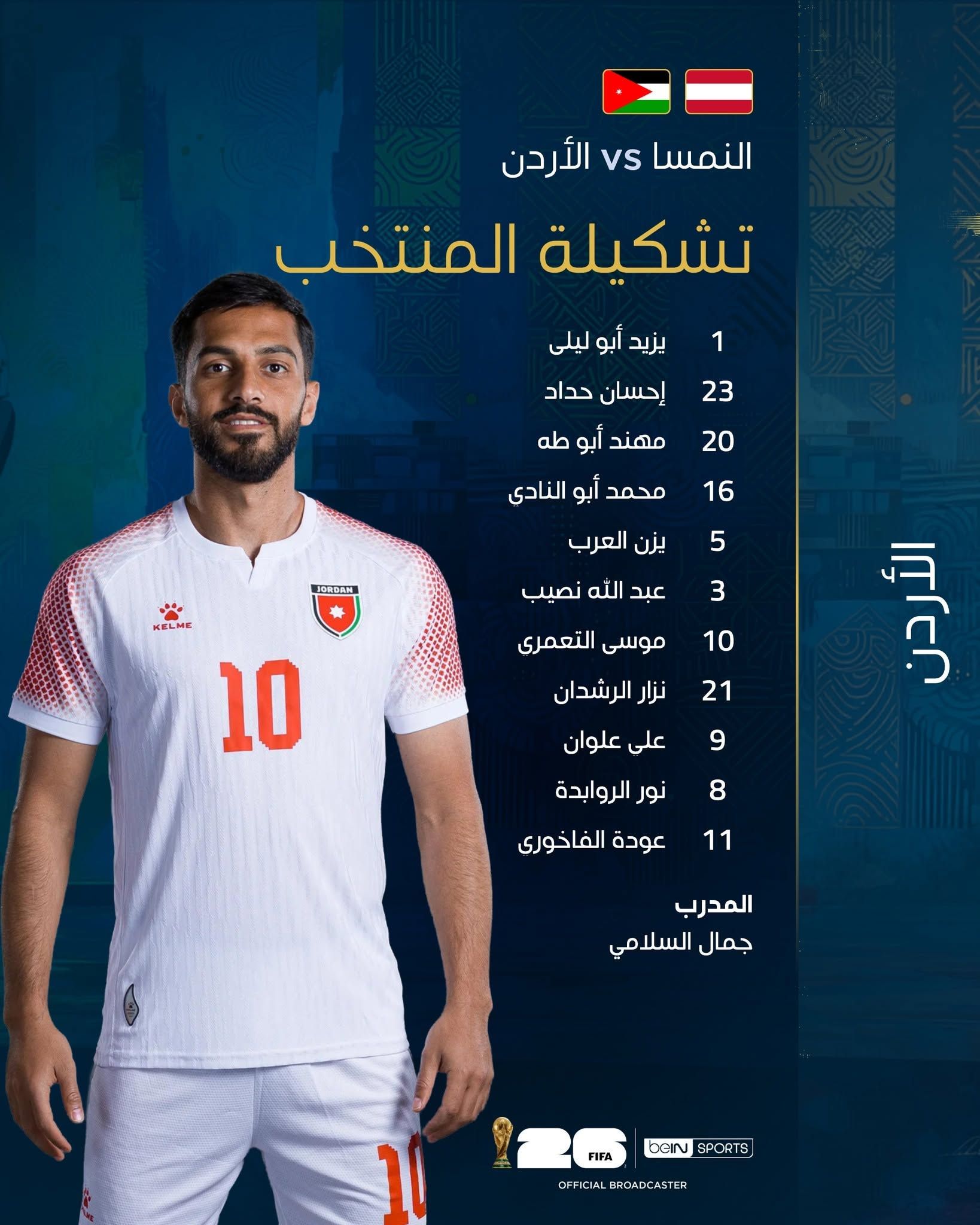 قد تكون صورة كرة قدم وتحتوي على النص 'النمسا vs الأردن تشكيلة المنتخب 1 يزيد أبو ليلى 23 إحسان حداد مهند أبو طه 20 16 محمد أبو النادى يزن العرب 1工 5 عبد الله نصيب 3 KELME 10 10 موسى التعمري نزار الرشدان على علوان 21 9 الر 8 نور الروابدة عودة الفاخوري 11 المدرب جمال السلامي 天 FIFA SPORTS OCIN BROADCASTER OFFICIAL'