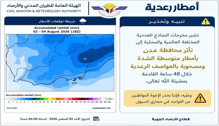 تحذير عاجل.. أمطار رعدية متوقعة على عدن والأرصاد تدعو لتجنب مجاري السيول