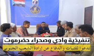 تنفيذية المجلس الإنتقالي الجنوبي بوادي وصحراء حضرموت تدعوا جماهير الوادي للأحتشاد والدفاع عن مكتسبات الجنوب وإراته