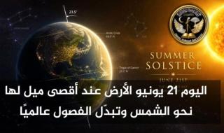 دخول فصل الصيف رسمياً في النصف الشمالي من الكرة الأرضية والانقلاب الصيفي عند ذروة الضوء وبداية الشتاء في النصف الجنوبي